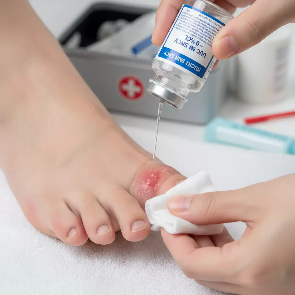 Vệ sinh vùng da bị tổn thương là bước quan trọng nhất trong cách xử lý khi bị phồng rộp bàn chân do đi giày mới tập