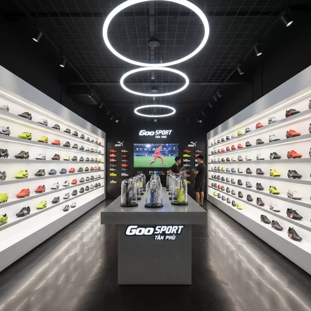 Không gian trưng bày giày đá bóng hiện đại và chuyên nghiệp tại Goo Sport Tân Phú
