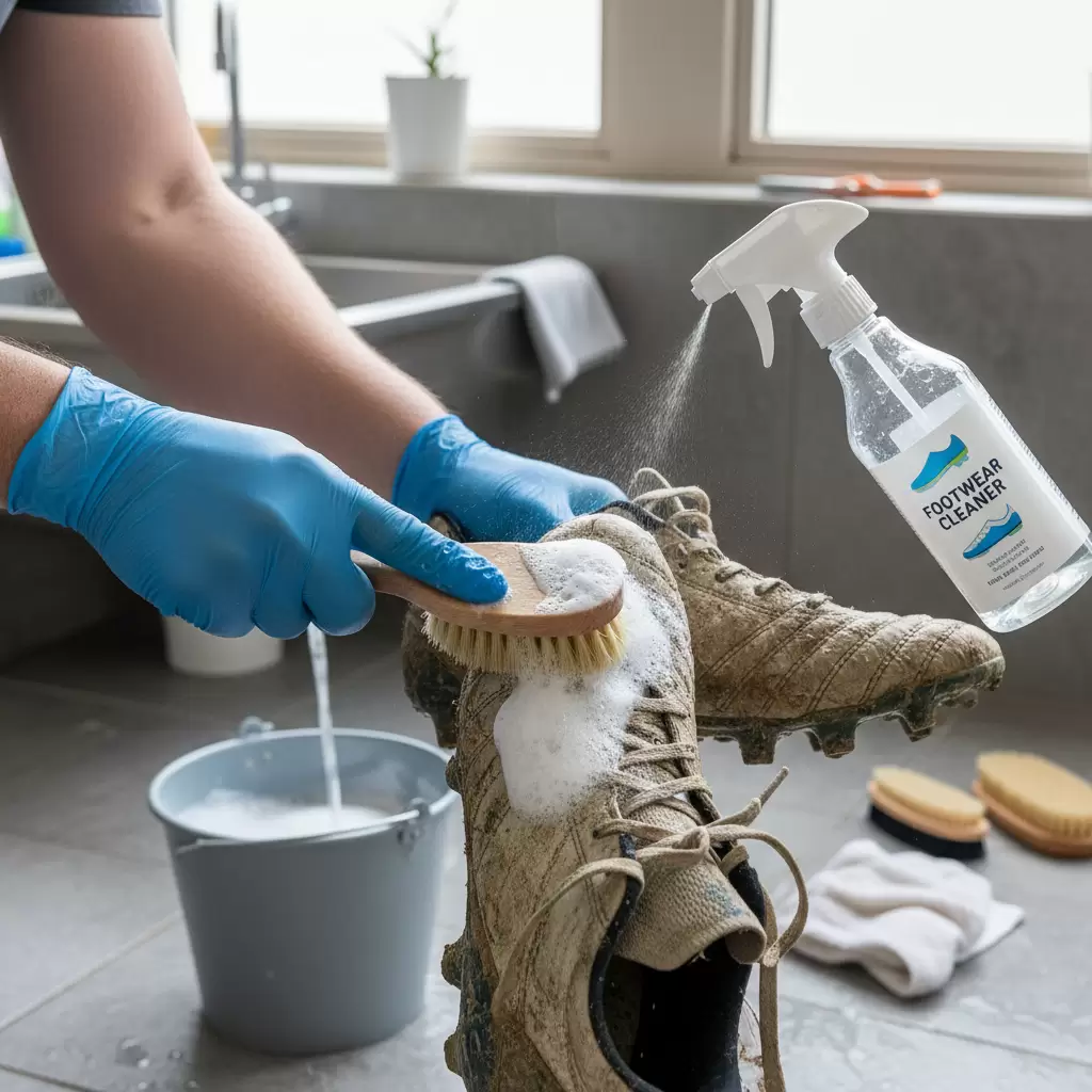 Sử dụng bàn chải lông mềm để làm sạch bề mặt da giày mà không gây trầy xước