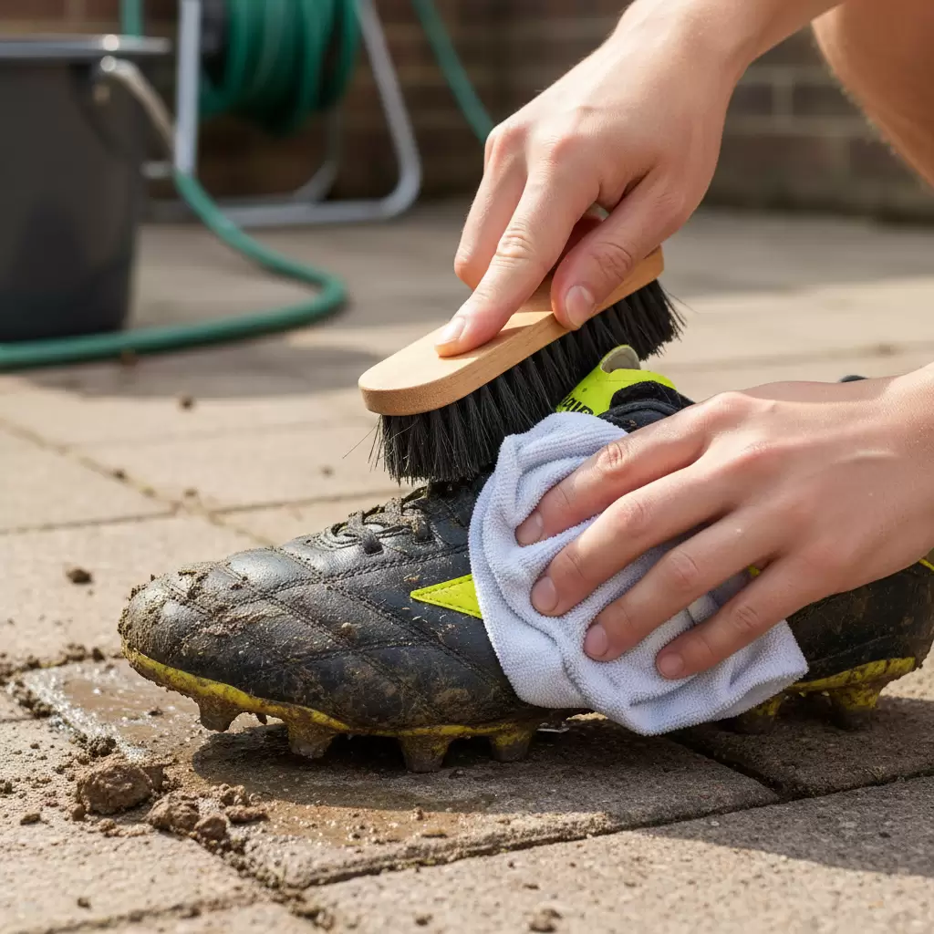 Sử dụng bàn chải mềm để loại bỏ bùn đất giúp bảo vệ bề mặt da giày