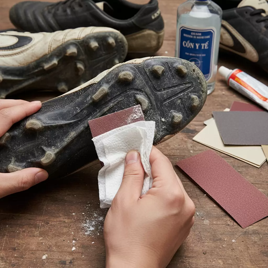 Vệ sinh bề mặt đế giày kỹ lưỡng giúp tăng cường độ bám dính của keo