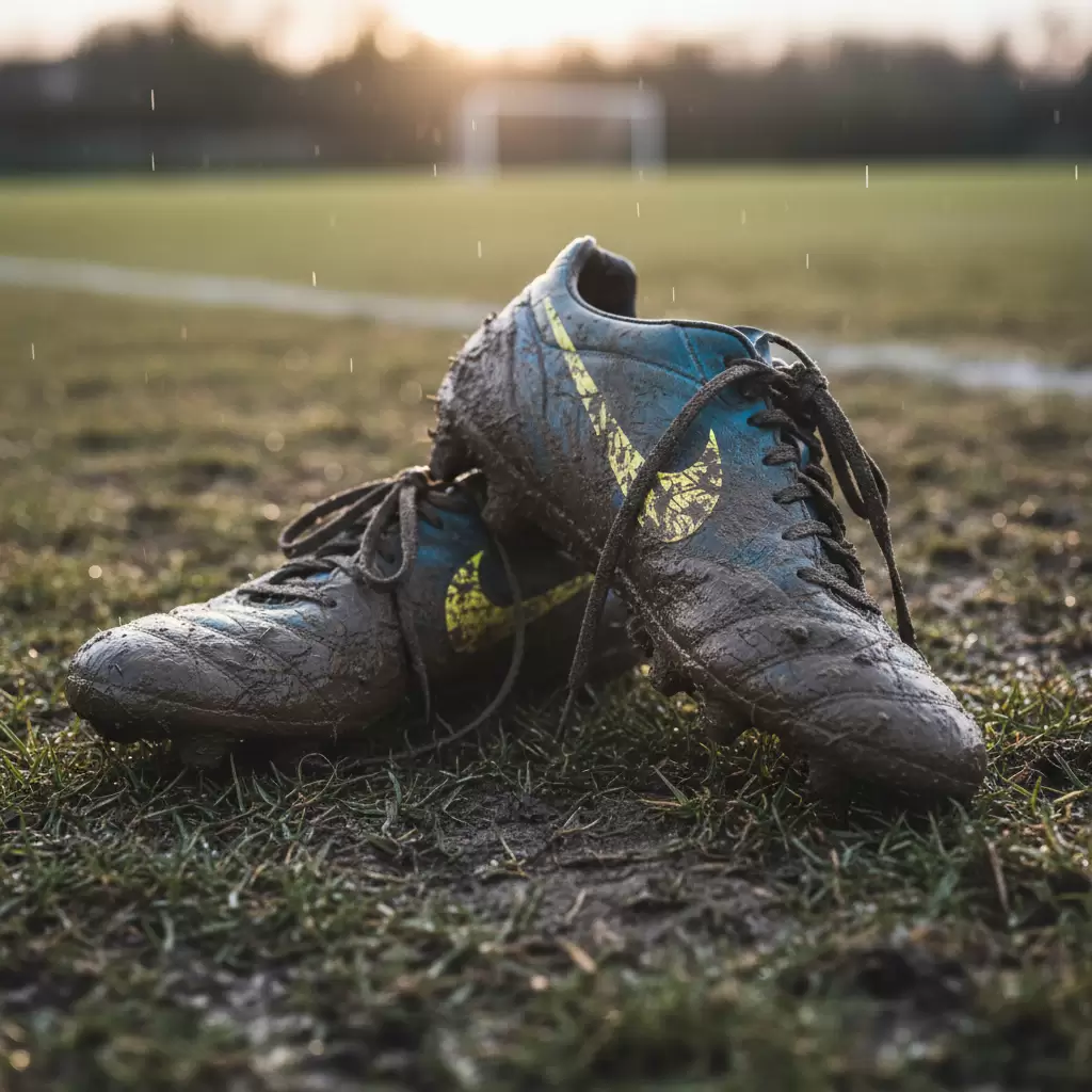 Giày đá bóng bám nhiều bùn đất cần được vệ sinh đúng cách để bảo vệ chất liệu