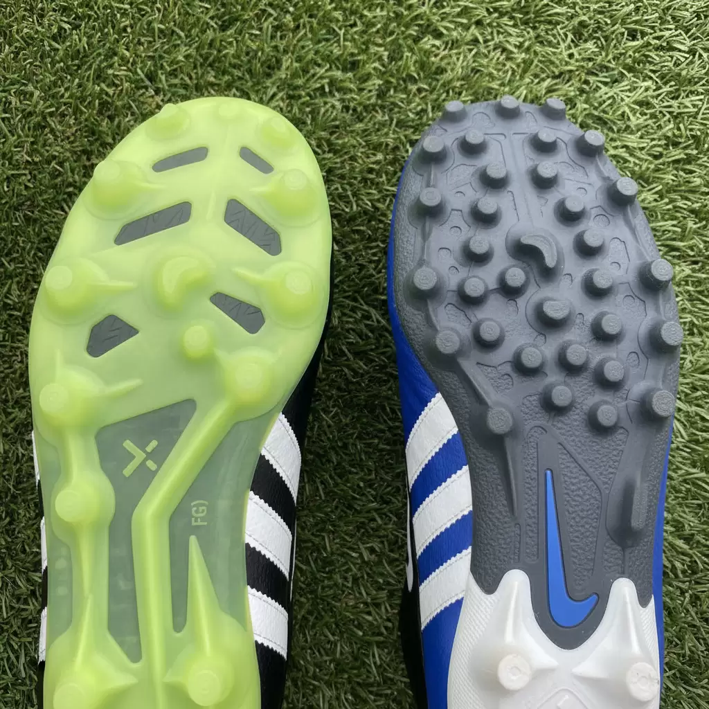 Cấu tạo đế giày FG với đinh nhựa cao và đế TF với hệ thống đinh dăm cao su dày đặc