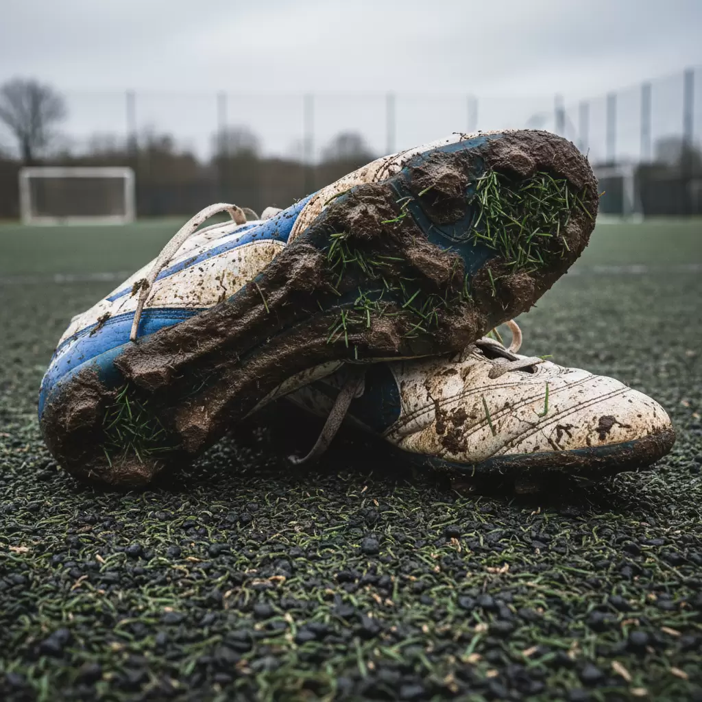 Tình trạng giày TF bị bám bùn đất dày đặc sau khi thi đấu dưới trời mưa